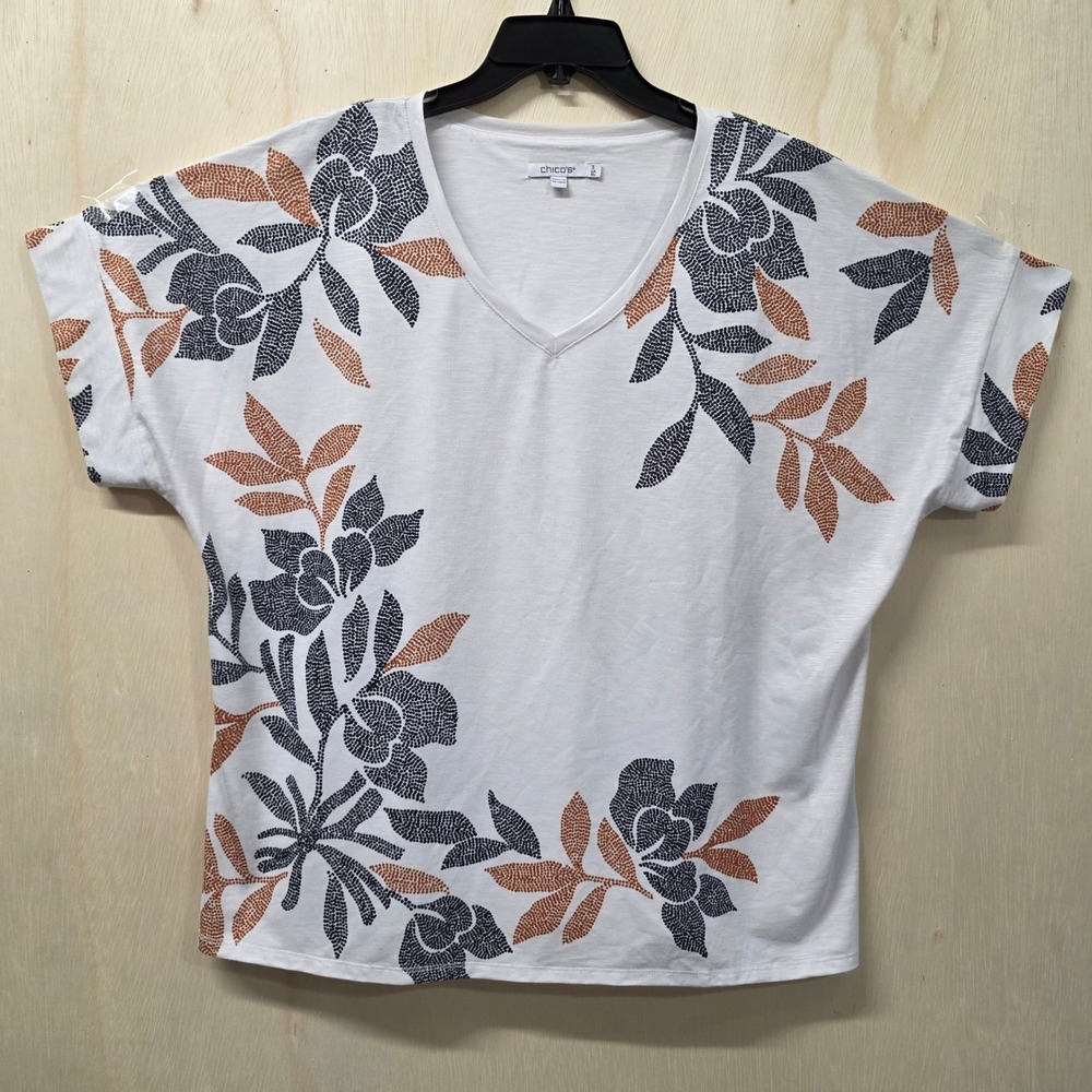 Chico's Womens Size XL White Floral V-Neck Slub Knit Cuffed Sleeve T-Shirt